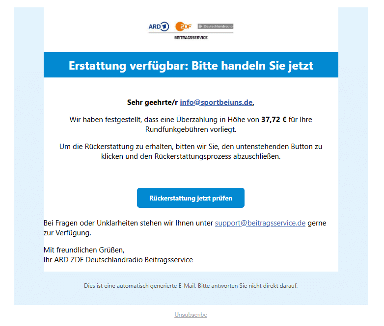 SCAM Mail Erstattung Rundfunkbeitrag